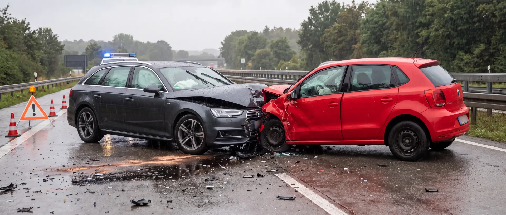 Verkehrsunfall mit zwei beschädigten Fahrzeugen auf nasser Straße