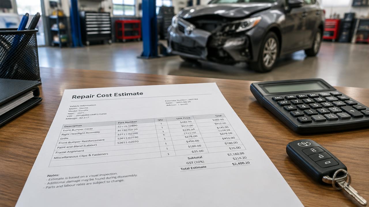 Ausgedruckter Kostenvoranschlag mit Taschenrechner und Autoschlüssel vor einem Unfallfahrzeug in der Werkstatt