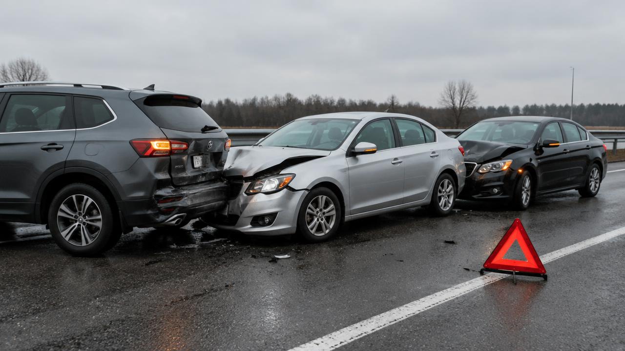 Drei Fahrzeuge nach einem Kettenunfall auf nasser Autobahn mit Warndreieck